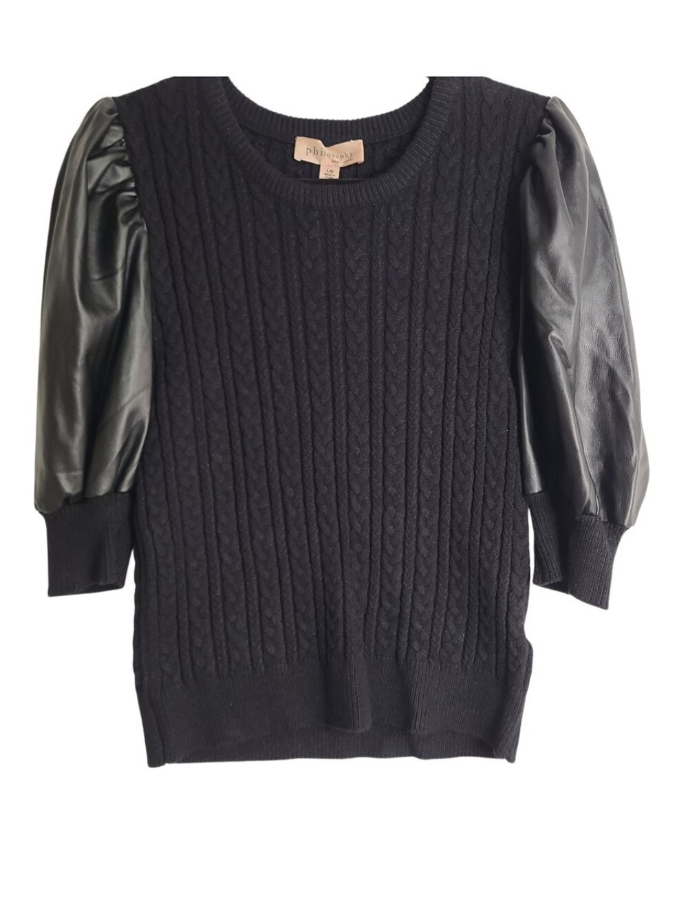 Philosophy Black Cable Knit Faux Leather Puff Sleeve Sweater Size L NWT